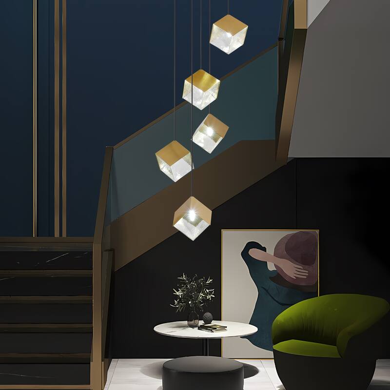 Ice Cube Pendant Lights Cluster Stairway Multi 5-Light Pyrite Chandelier - N/A