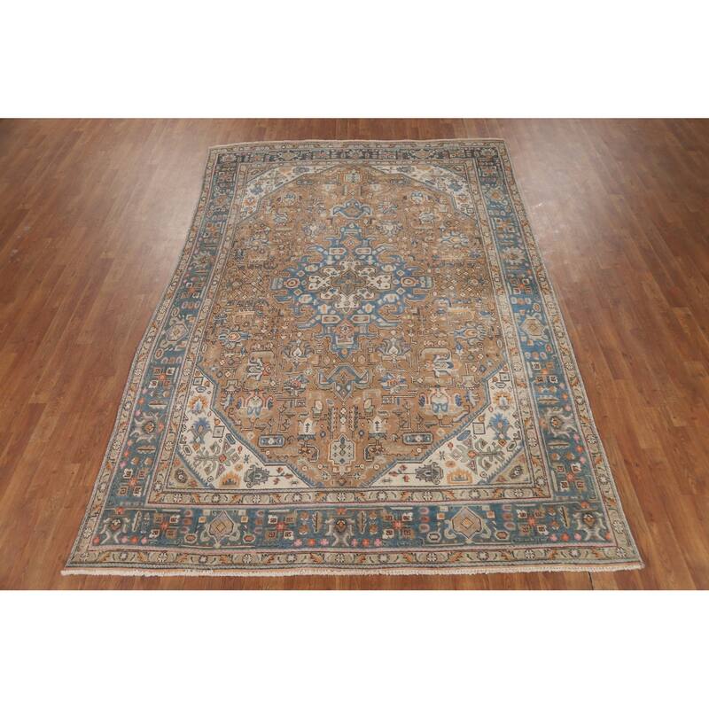 Brown Tabriz Persian Area Rug Hand-Knotted Geometric Wool Carpet - 6'5"x 9'8"