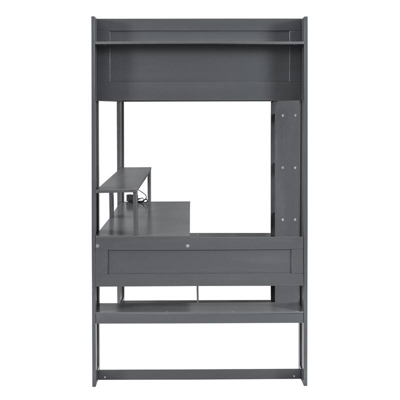 Wood Gaming Loft Bed with LED Light and Bulit-in Desk, Twin/Full Size Loft Bedframe w/Drawer, Storage Shelves & Charging Station