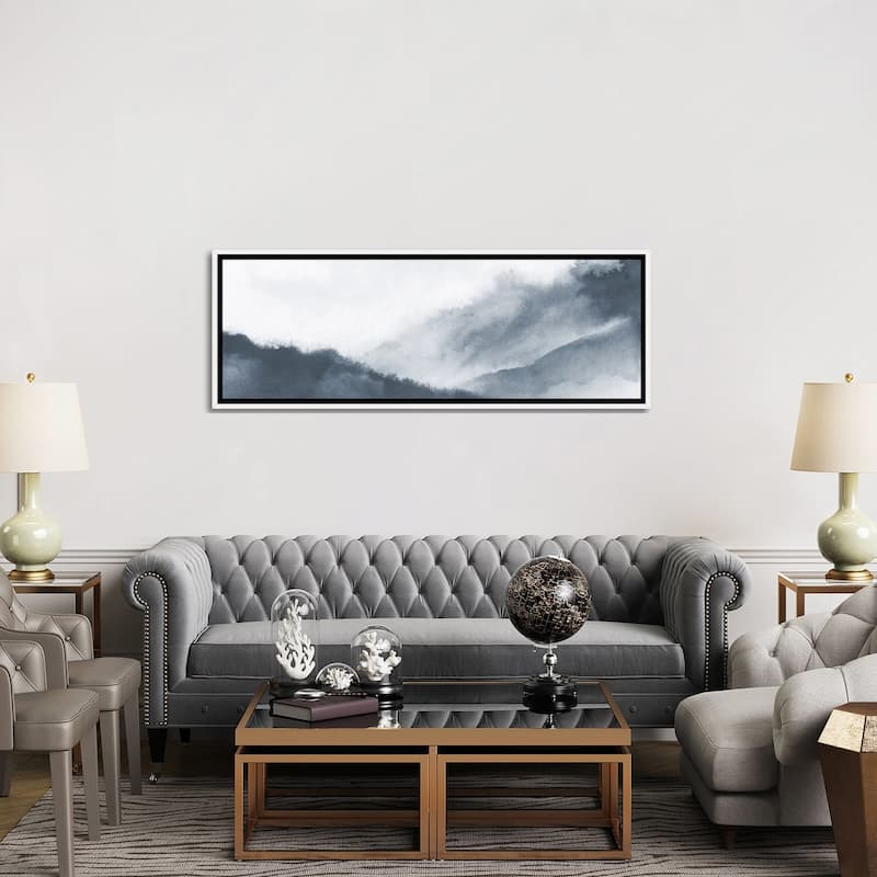 iCanvas "Misty mountains in gray watercolor - Panoramic" by Nouveau Prints Framed Canvas Print
