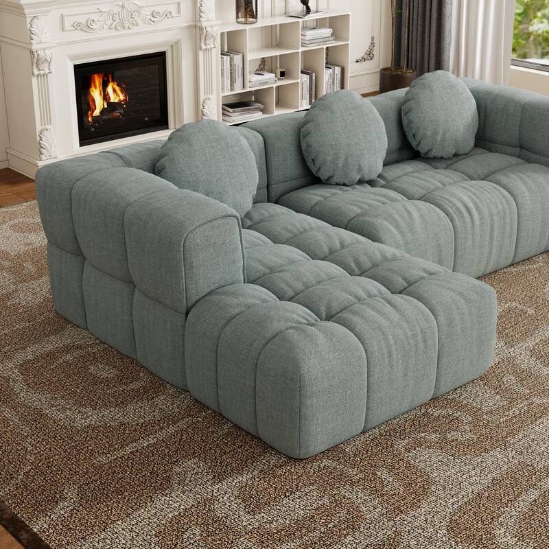 Blue Gray Foam+Spring 103" L-shaped Combination Sofa Set with 3 Pillows for Living Room and Bedroom (Left Side Recliner)