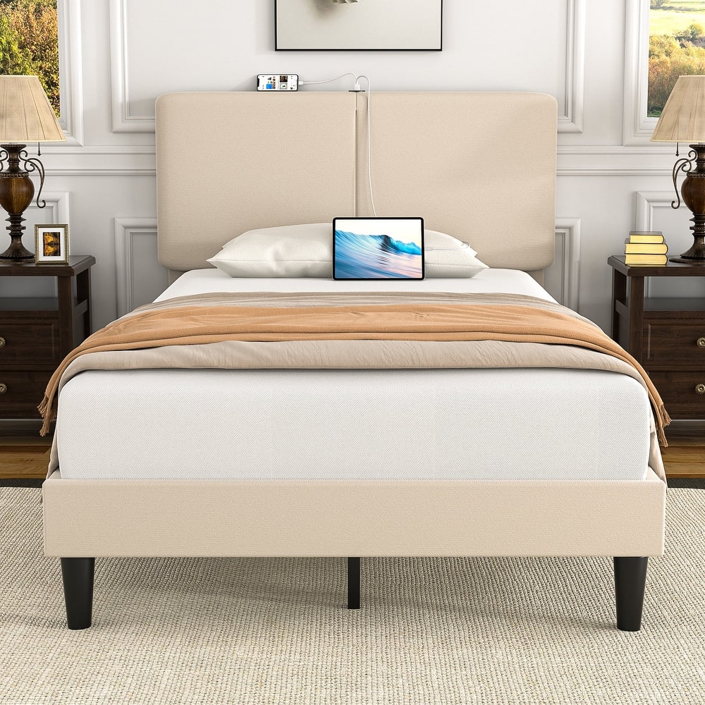 VECELO Adjustable Upholstered Split Headboard Bed Frame with Charging Station USB Port Type C No Box Spring Needed Noiseless Bed