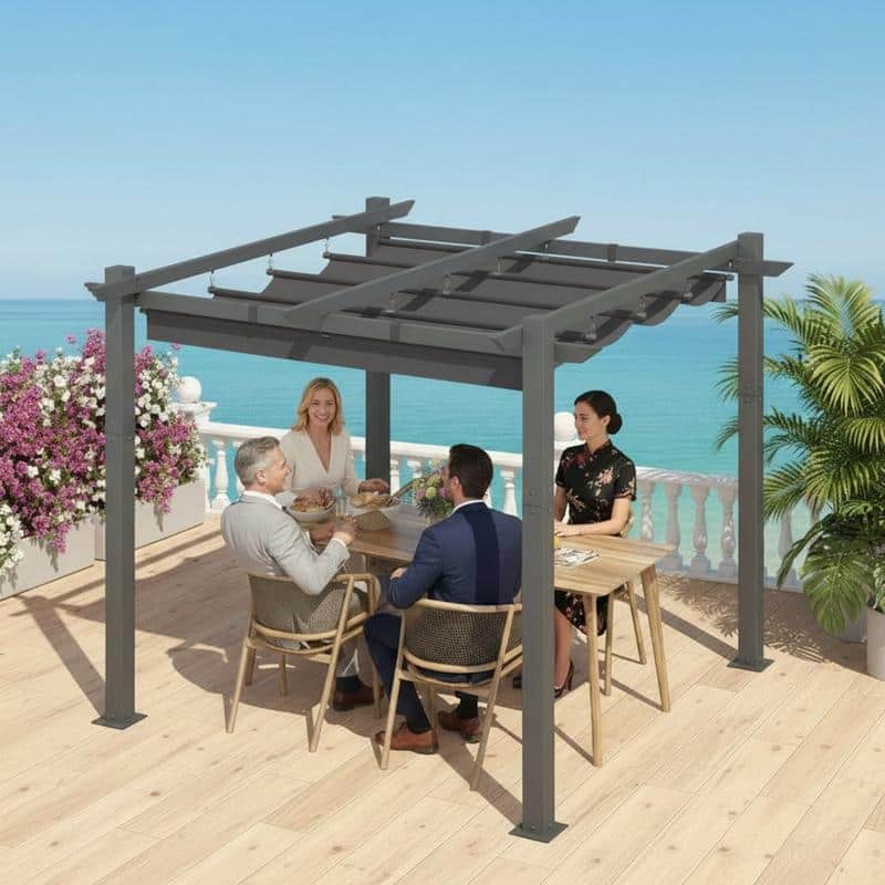 EROMMY 10' x 13' Outdoor Pergola with Retractable Canopy, Heavy-Duty Metal Frame and Adjustable Patio Shade Roof