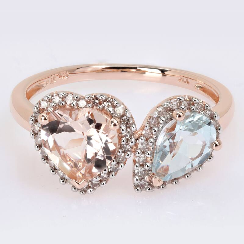 Miadora Morganite Aquamarine and 1/5ct TDW Diamond Heart and Teardrop Ring in 10k Rose Gold