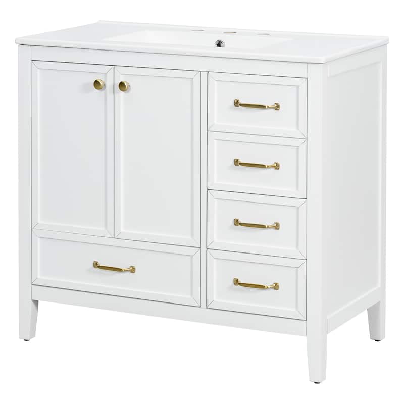 Roomfitters Bathroom Vanity with Sink, Cabinet with Soft-closing Door and Four Drawers of Varying Sizes, Solid Wood Frame