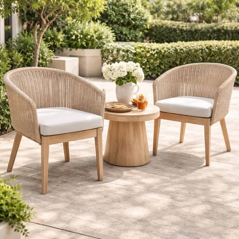 Dexi 24 Inch Set of 2 Dining Chairs, Acacia Wood Frame, Beige Woven Rope