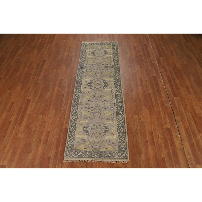 All-Over Gray Oushak Oriental Runner Rug Hand-Knotted Wool Carpet - 2'6"x 8'1"