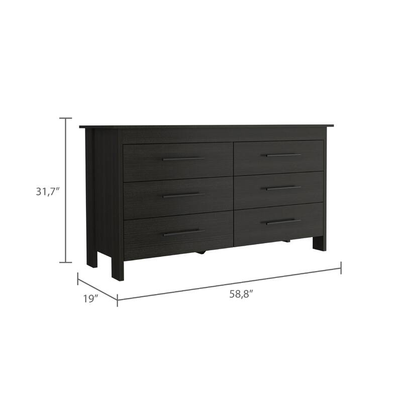 6-Drawer Double Dresser in Black Finish with Four Legs, Superior Top, Smooth Glide Drawers, and Contemporary Look