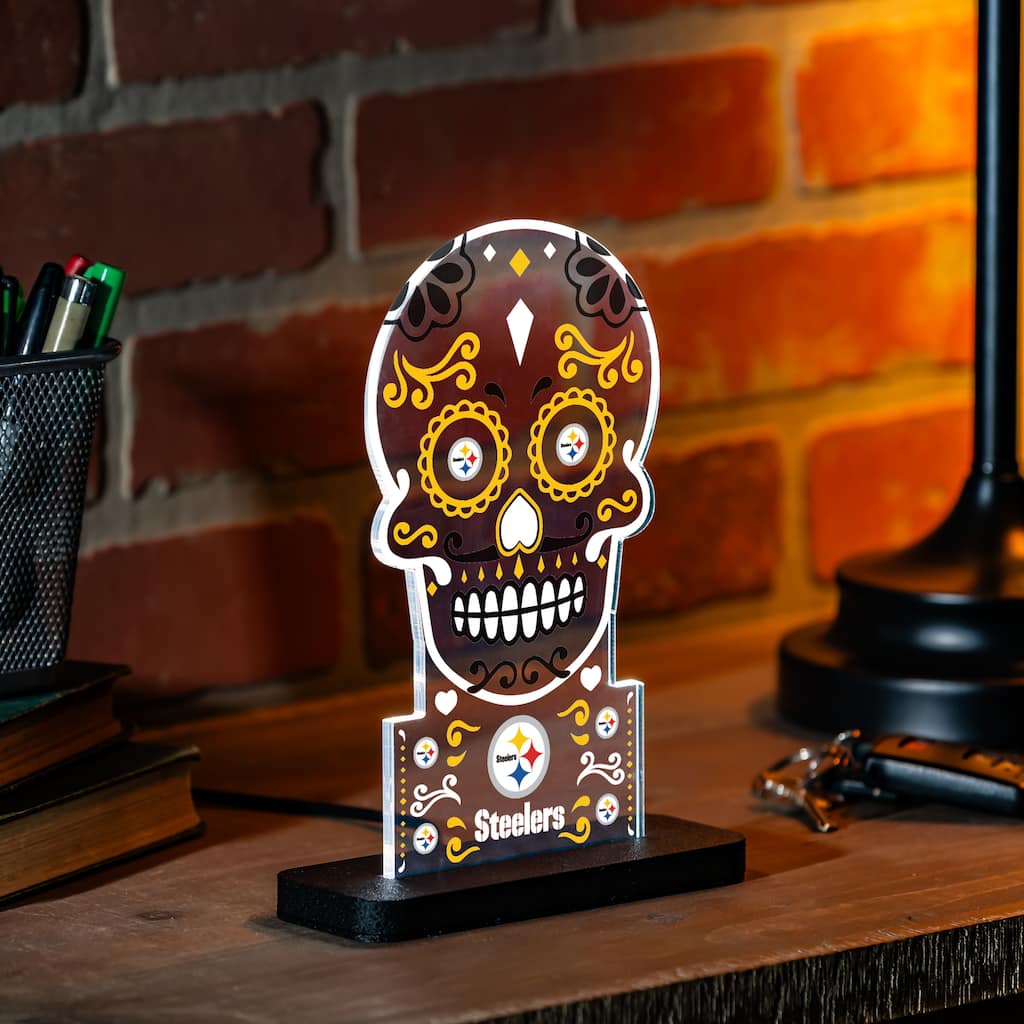 10" LED Tabletop Sugar Skull Halloween Desklite Sign, Pittsburgh Steelers - Multicolor. - 10" x 7"