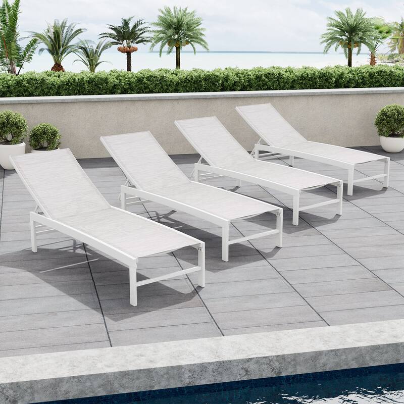 Outdoor Adjustable Aluminum Chaise Lounge Chairs for Patio Pool Terrace - See Picture - White/Grey/Blue Fabric, White Frame - 4PC