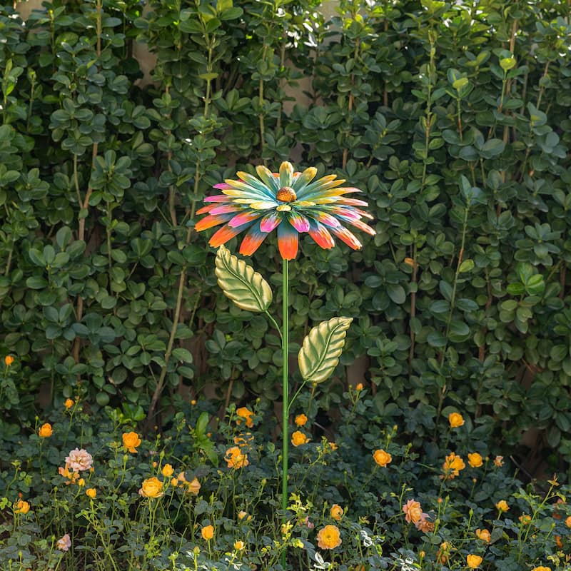 Glitzhome 41"H Metal Flower Yard Stake Hand Painted Garden Flower with Blue Yellow Petals Spring Decor