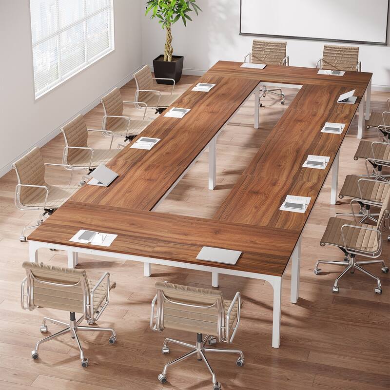19FT Conference Table,Large Rectangle Meeting Seminar Table for 16-22 Person - Coffee Brown+White