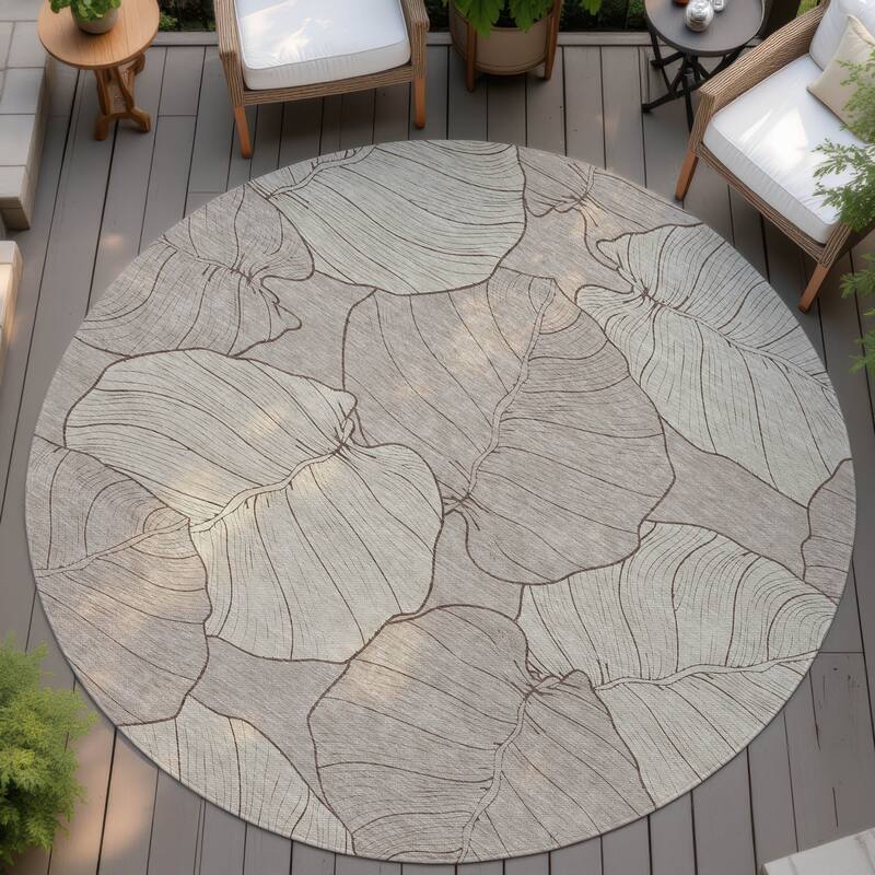 Machine Washable Indoor/ Outdoor Tropical Floral Chantille Rug - Taupe - 8' x 8'