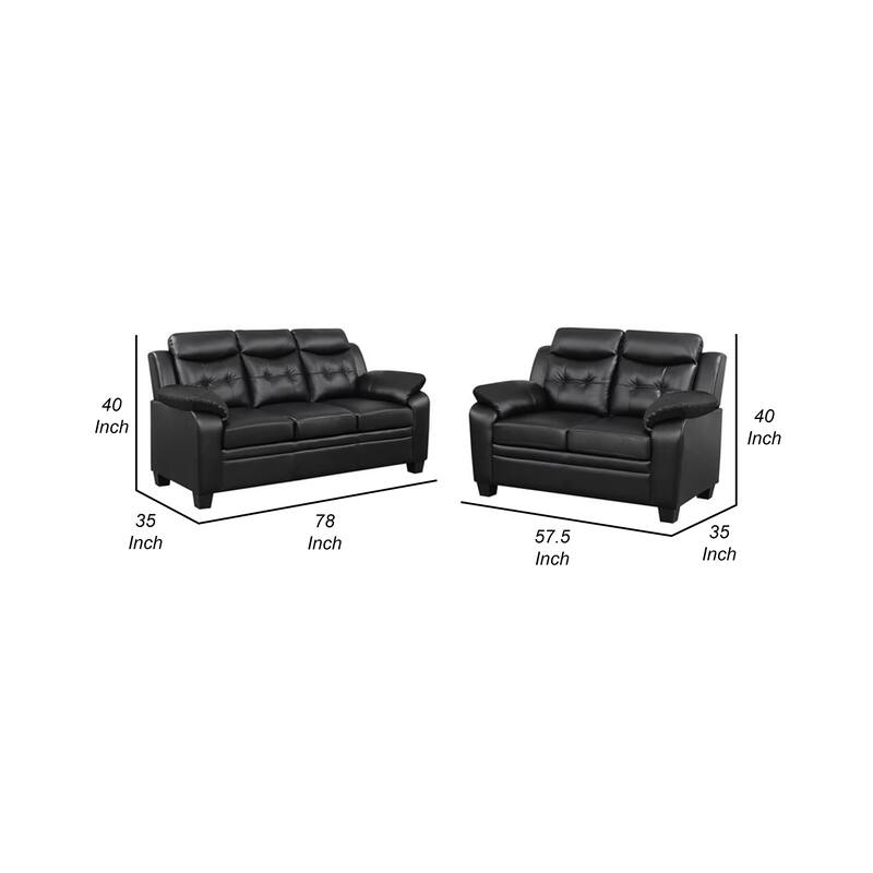 Finie 2 Piece Sofa and Loveseat Set, Black Faux Leather, Soft Foam