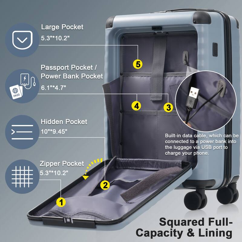 Luggage Sets 5 Piece with Front Opening, Hardside Expandable Carry on Suitcase, with Spinner Wheels, TSA Lock, USB Port