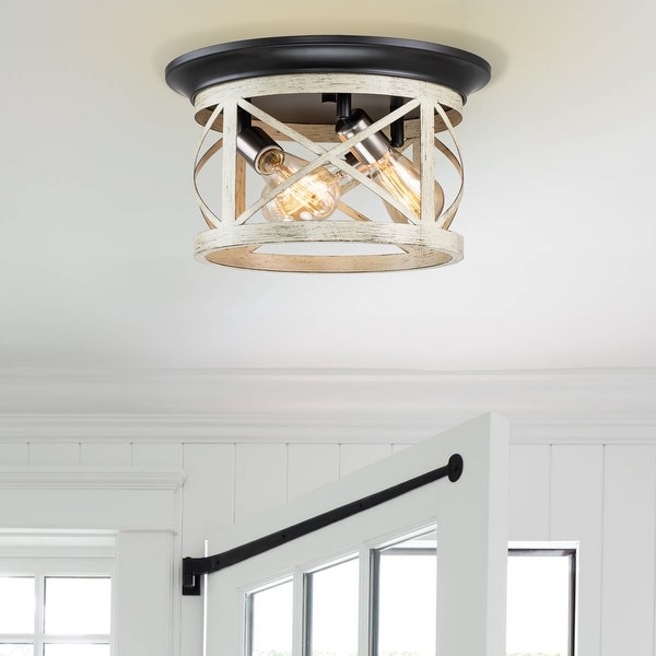 14 in. 3 Light Oil Rubbed Bronze and Off White Woodgrain Flush Mount with Satin Nickel Accent