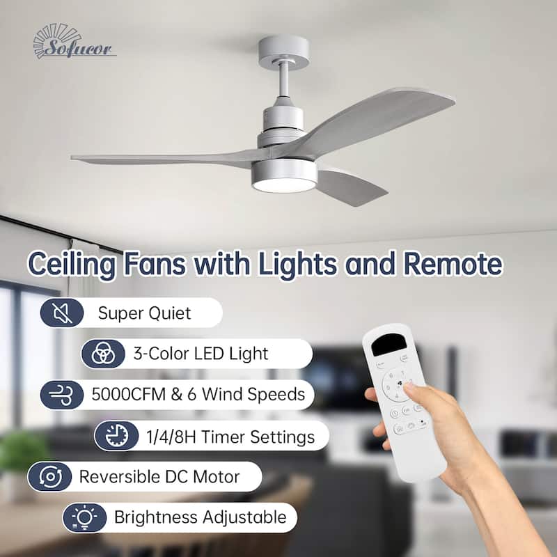 52" Solid Wood Noiseless 3-Blade Ceiling Fans with Dimmable LED Light Optional and Remote, 6-Speed Reversible DC Motor