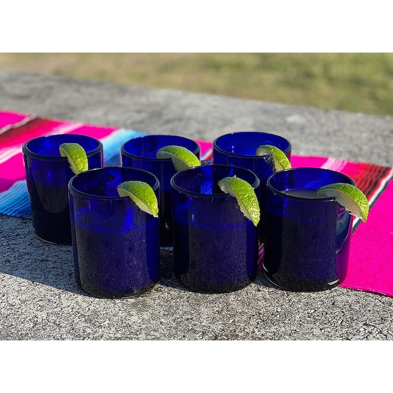 Dos Sueños Hand Blown Mexican Drinking Glasses - Set of 6 Cobalt Tumbler Glasses (10 oz each)
