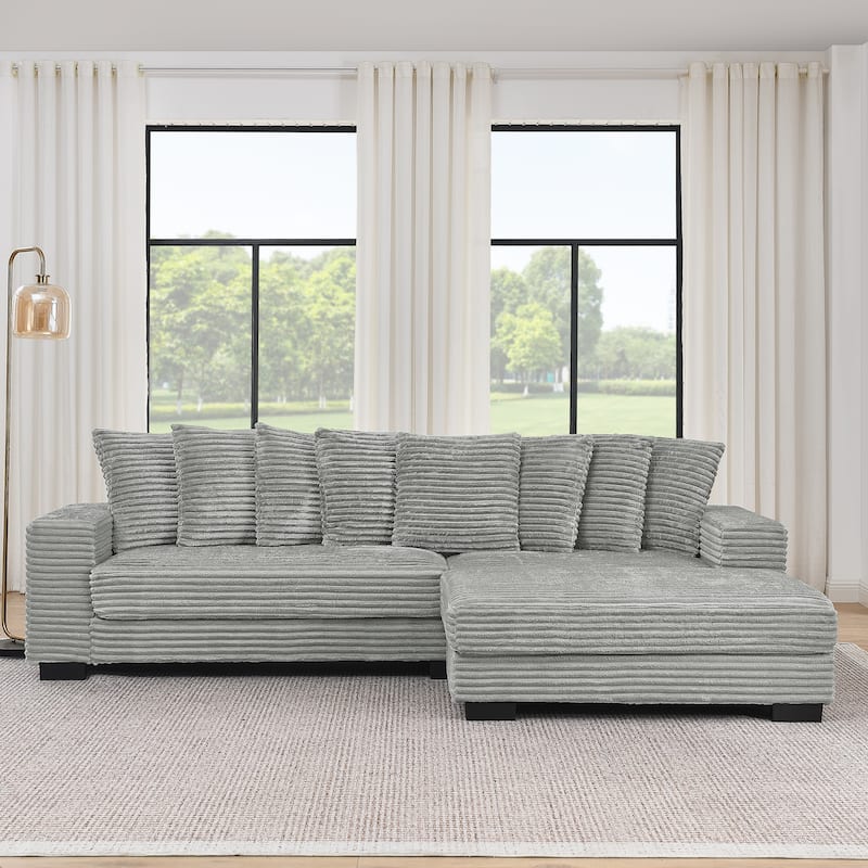 L-shaped Sectional Sofa with Chaise, Corduroy Upholstered Modular Couch with Reversible Ottoman and Removable Cushions - Grey