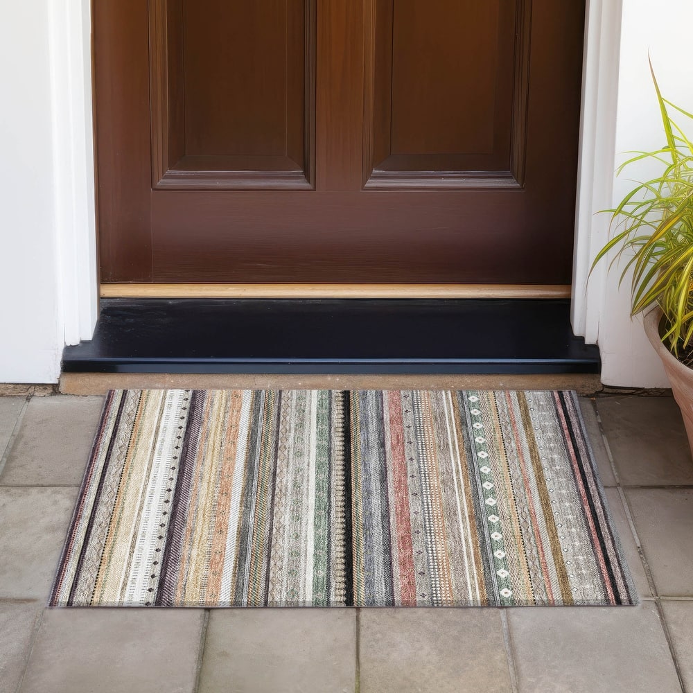 Machine Washable Indoor/Outdoor Boho Stripes Chantille Rug