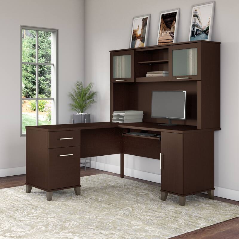 Bush Furniture Somerset 60W L Shaped Desk with Storage Hutch - Mocha Cherry