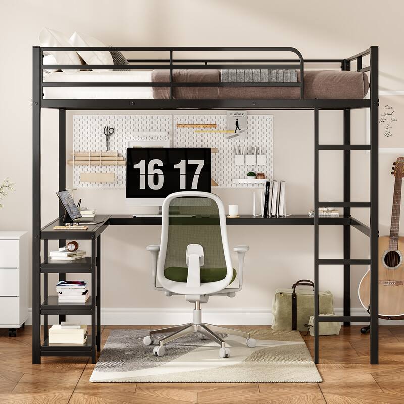 Full Size Loft Bed with Desk & Open Shelves, Heavy Duty Metal Bed Frame with Safety Guardrails & Ladder