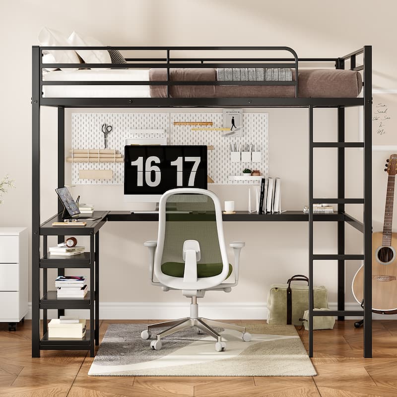 Full Size Loft Bed with L-Shaped Desk, Open Shelves, and Safety Guardrails, Heavy Duty Metal Frame, Black
