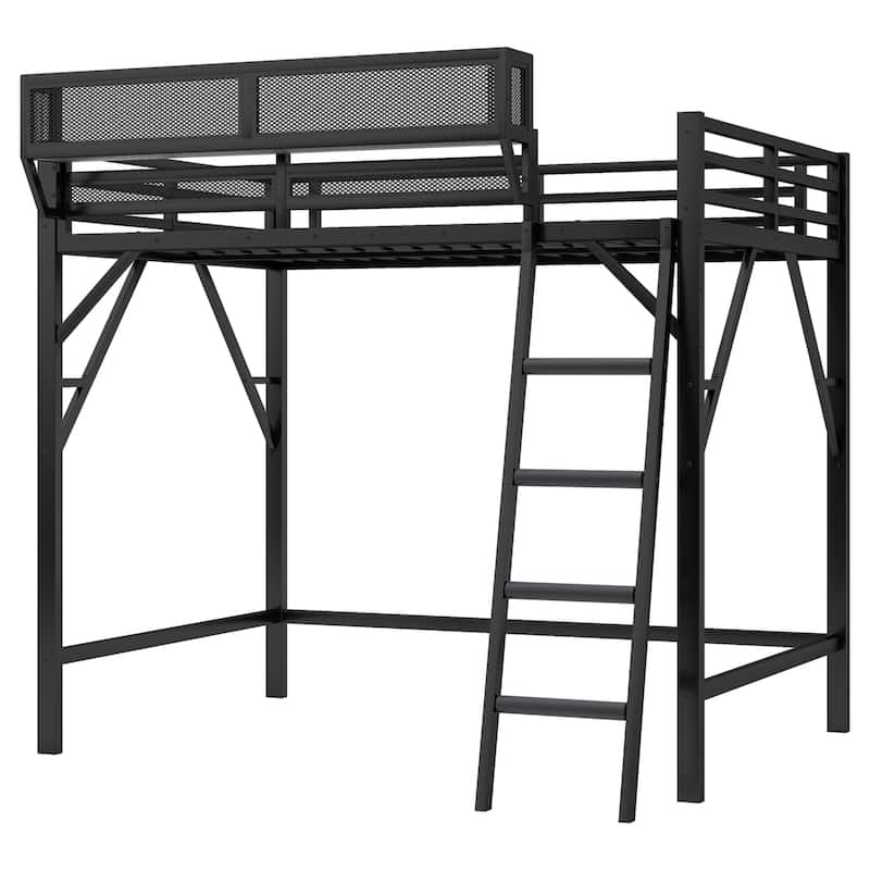 Metal Loft Bed Frame with Storage Shelves for Upper, Loft Bed with Ladder, High Loft Bed for Kids Teens