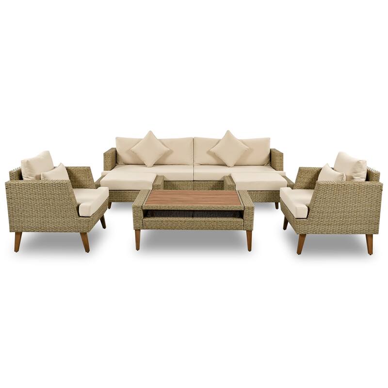 6 Piece Patio Conversation Furniture Set, All-Weather PE Rattan Wicker Sofa Set with Table, Ottomans, Cushions and Pillows
