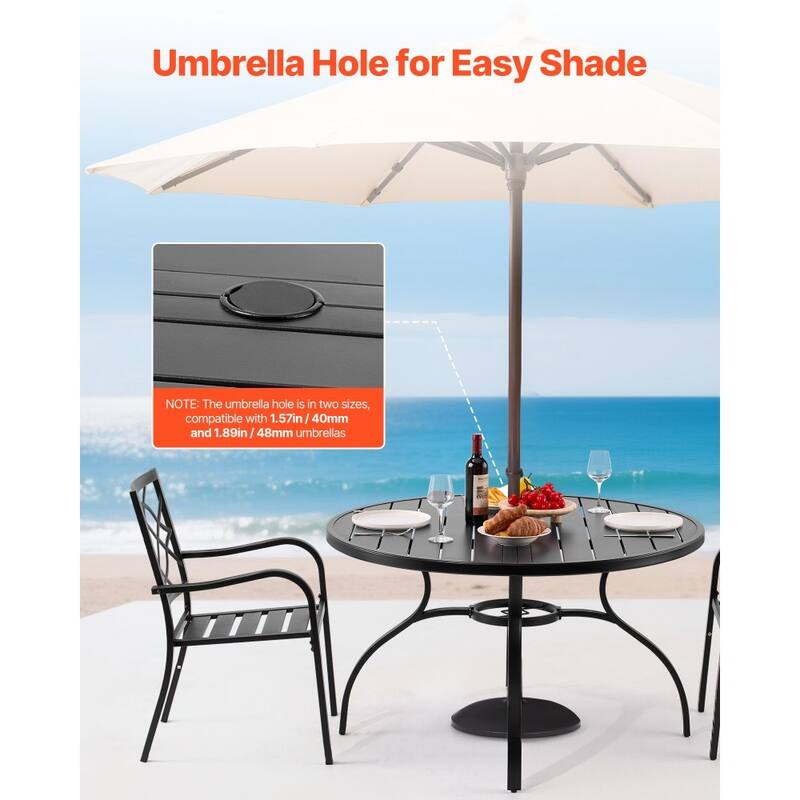Outdoor Patio Dining Table Black Carbon Steel Weather Resistant Bistro Table with Umbrella Hole - 47x29 in