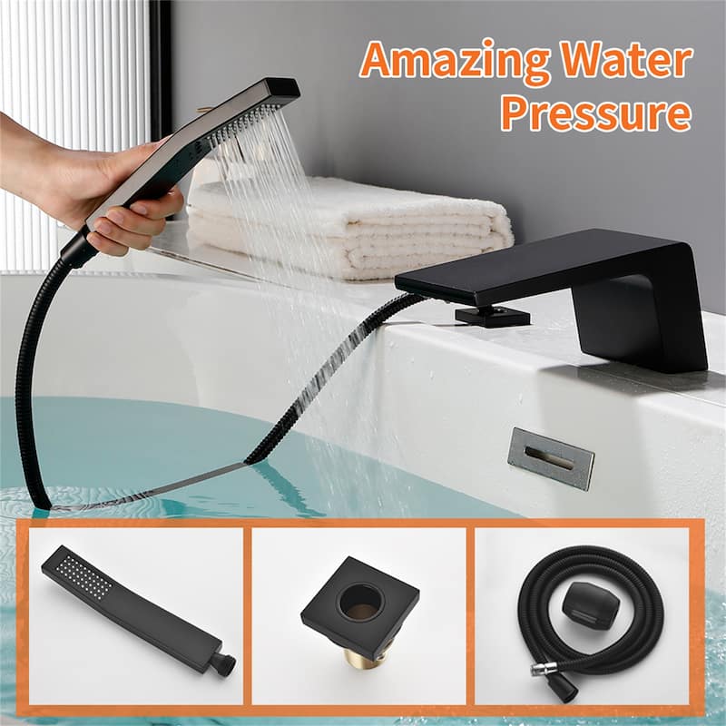 Waterfall Deck Mount Tub Faucet with Hand Shower Brass 3 Holes Modern Matte Black Tub Filler with Valve