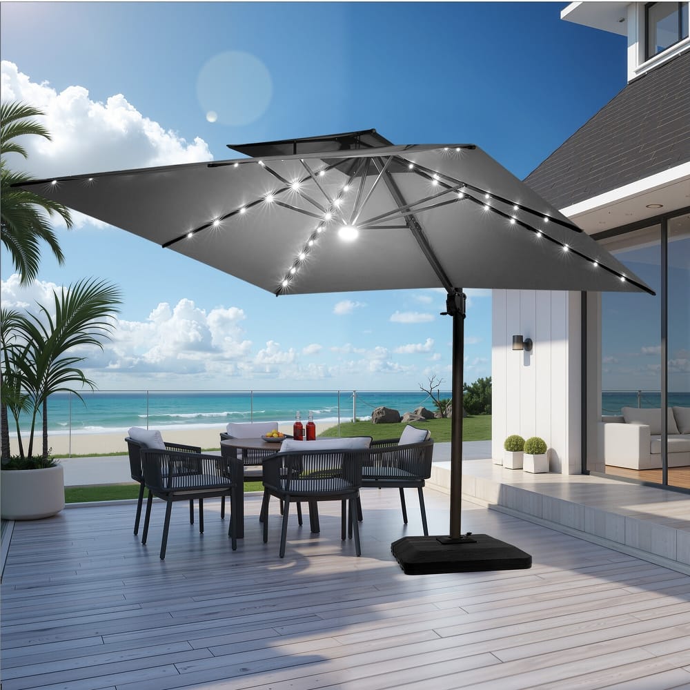 VredHom 9 x 11ft Outdoor Aluminum Dual Top Cantilever Patio Umbrella LED Light with Weights Base