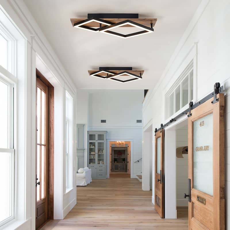 Farmhouse Integrated LED Rectangle Wood Flush Mount Hallway Entryway Light