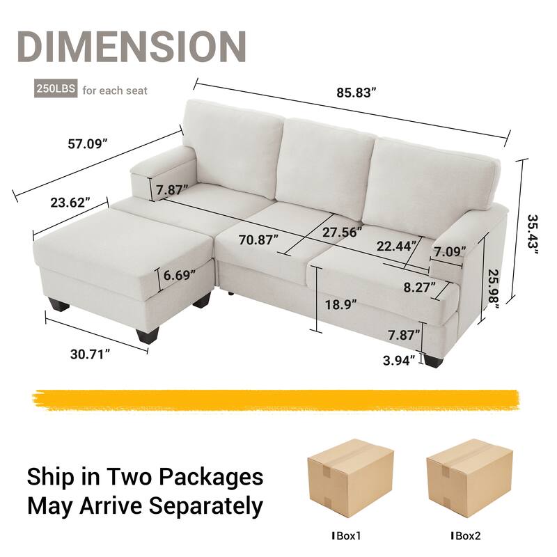 L Shaped 3 Seats Sofa with Armrest Organizer, Linen Sectional Sofa with Movable Ottoman, Comfy Upholstered 3 Seater Couch,