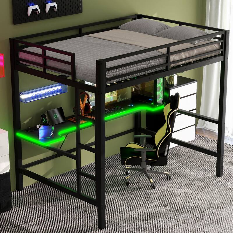 Full Size House Bed, Metal Loft Bed Frame with LED Light, USB Charge Station and Wooden Desktop Built-in Desk for Bedroom