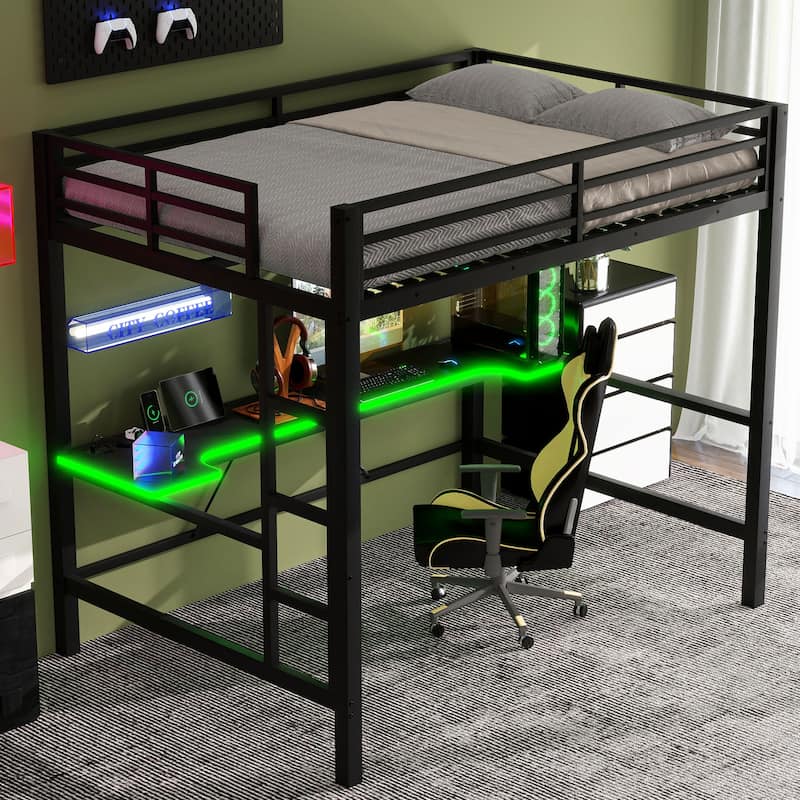 Full Size Metal Gaming Loft Bed with LED Lights, USB Charging Station and Desk