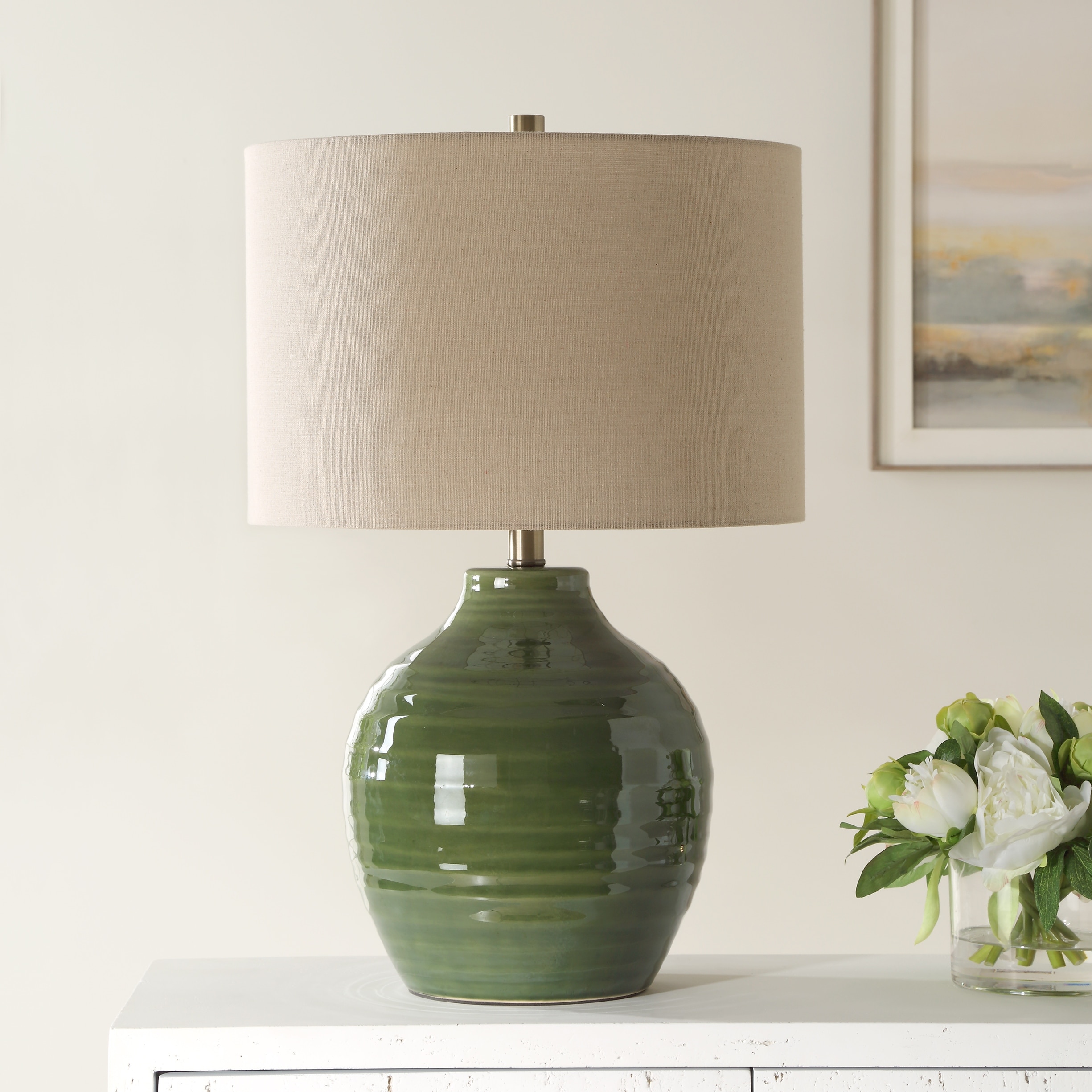 Distressed Moss Green Glaze Textured Ceramic Table Lamp Bed Bath