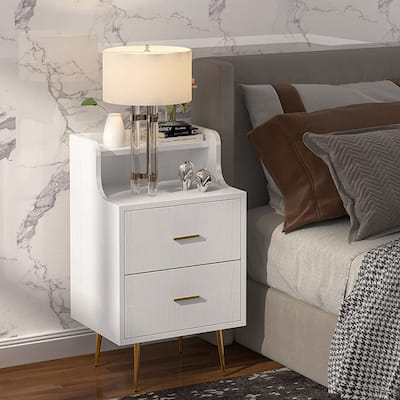 2 Drawer Nightstand, Modern Bedside Table with Open Shelf, White Gold