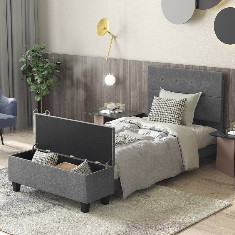 Costway Full Upholstered Bed Frame with Ottoman Storage Linen Button