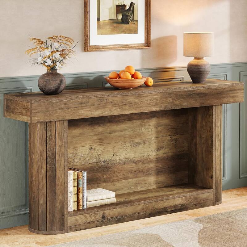 63 Inches Brown Wood Farmhouse Console Table, 2-Tier Narrow Entryway Table for Hallway, Living Room
