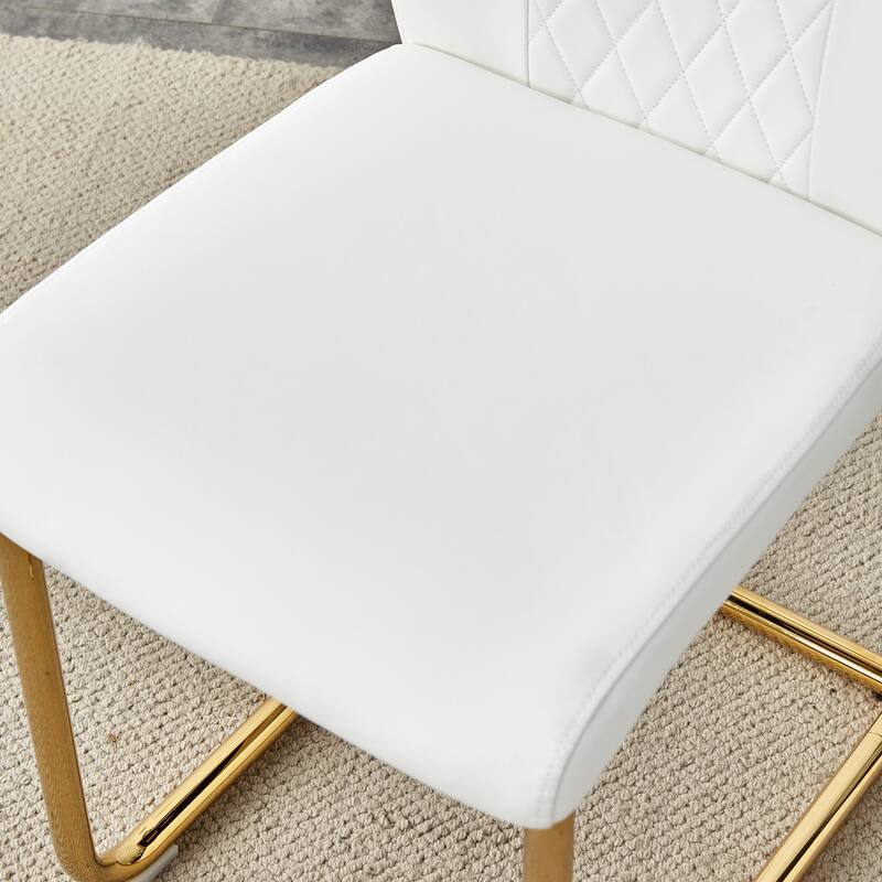 Roomfitters 5pcs Round White Marble Dining Table Set with PU Chairs and Golden Metal Arched Legs, White