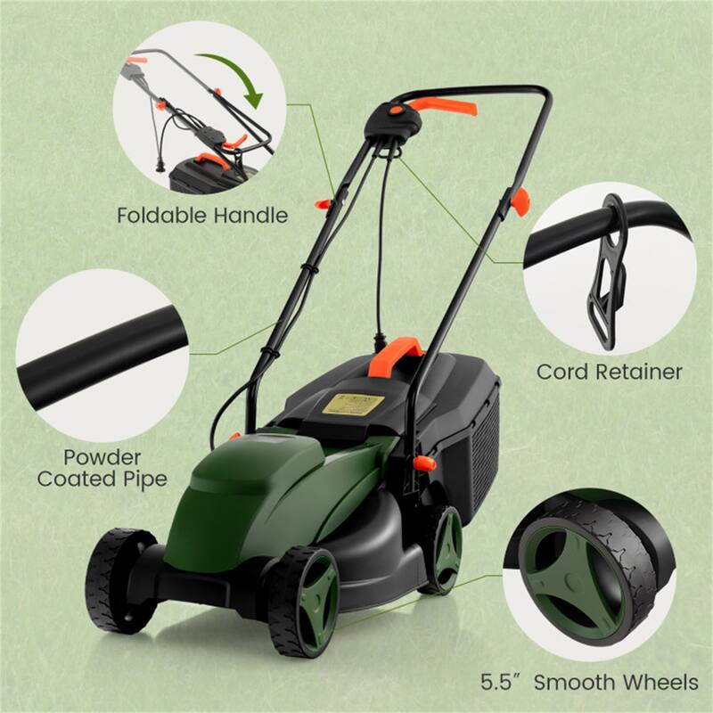 10-AMP Electric Lawn Mower with 13" Cutting Width, Adjustable Heights & 25L Grass Collection Box - 45" x 16" x 35"