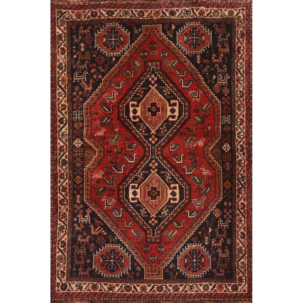 Tribal Red Shiraz Persian Vintage Area Rug Hand-knotted Wool Carpet - 3'8"x 5'5"