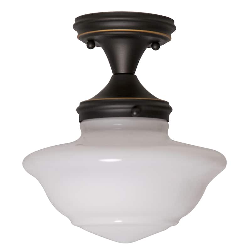 Design House Schoolhouse Oil Rubbed Bronze Semi Flush Mount Ceiling Light with White Glass Shade - 8.98 x 8.98 x 10