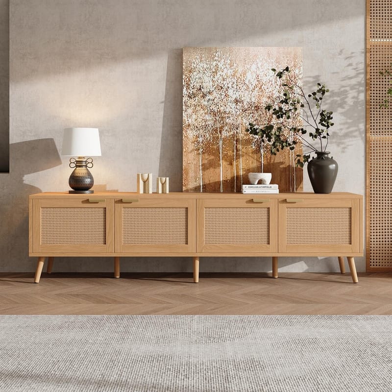 70" Modern TV Stand with Rattan Doors for TVs up to 80", Media Console with Storage Space & Cable Holes