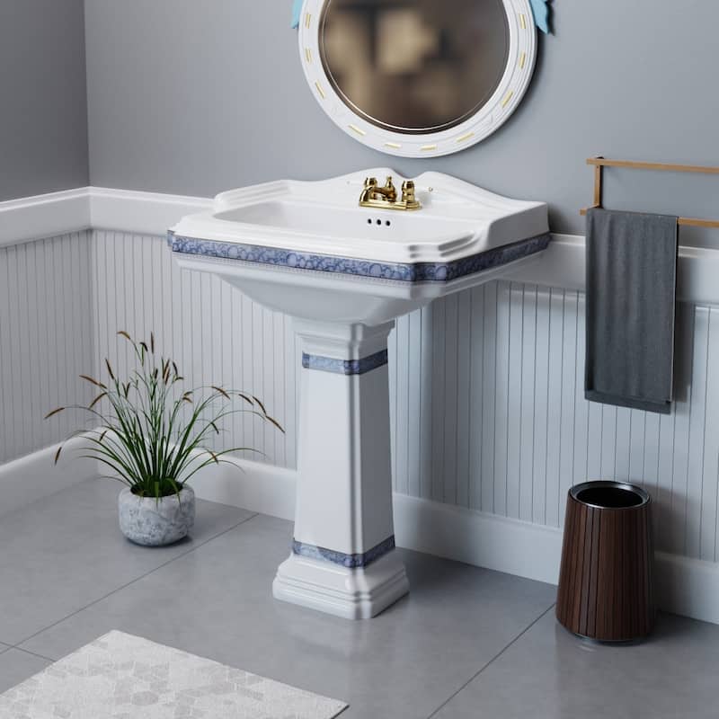 Decorative White Blue and Gold Bathroom Pedestal Sinks, 4" Centerset Faucet Holes