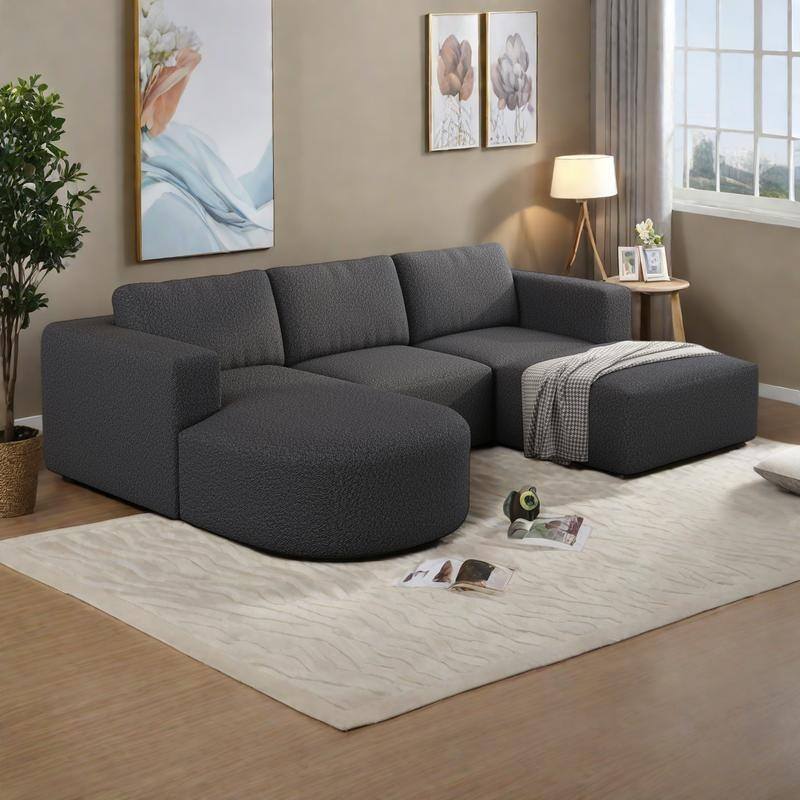 104.32" Yarn Fleece Modular Sectional Sofa Set with Chaise & Ottoman, U-Shaped 5-Seater Sleeper - DARK GREY