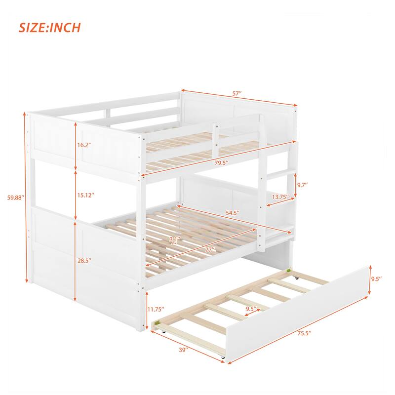 Full Over Full Bunk Bed with Twin Trundle, White - Space-Saving Triple Sleeper with Solid Wood Frame