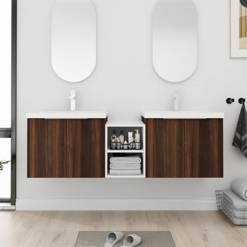 Bathroom Vanity With Sink In 24/36/48/60/72/84 Inch, Floating Bathroom Vanity With Soft Close Door and Shelf - 59.4''W - CaliforniaWalnut