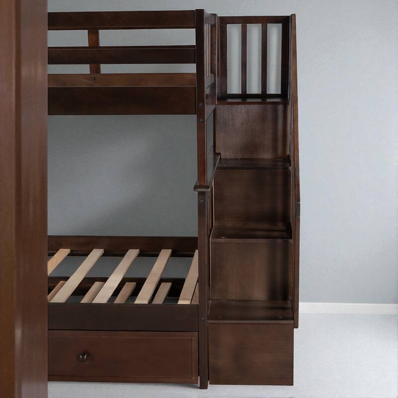Stairway Twin Over Twin Bunk Bed with Trundle and Storage Drawers, Convertible Design, Solid Wood Frame